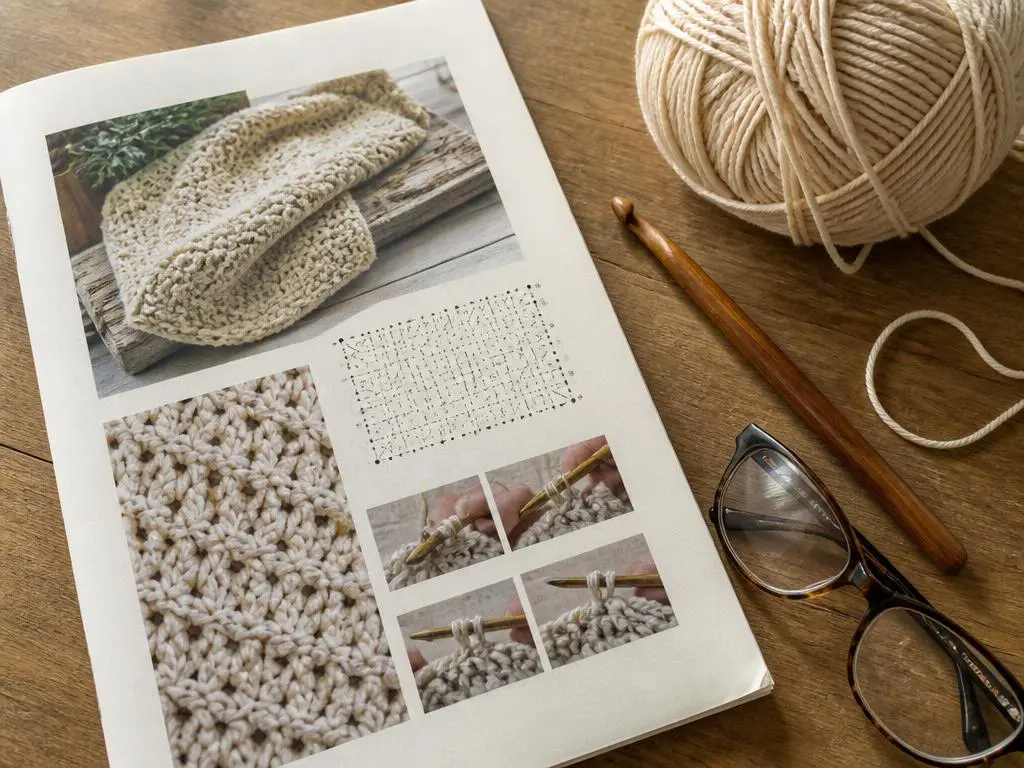 crochet pattern page with hook and yarn